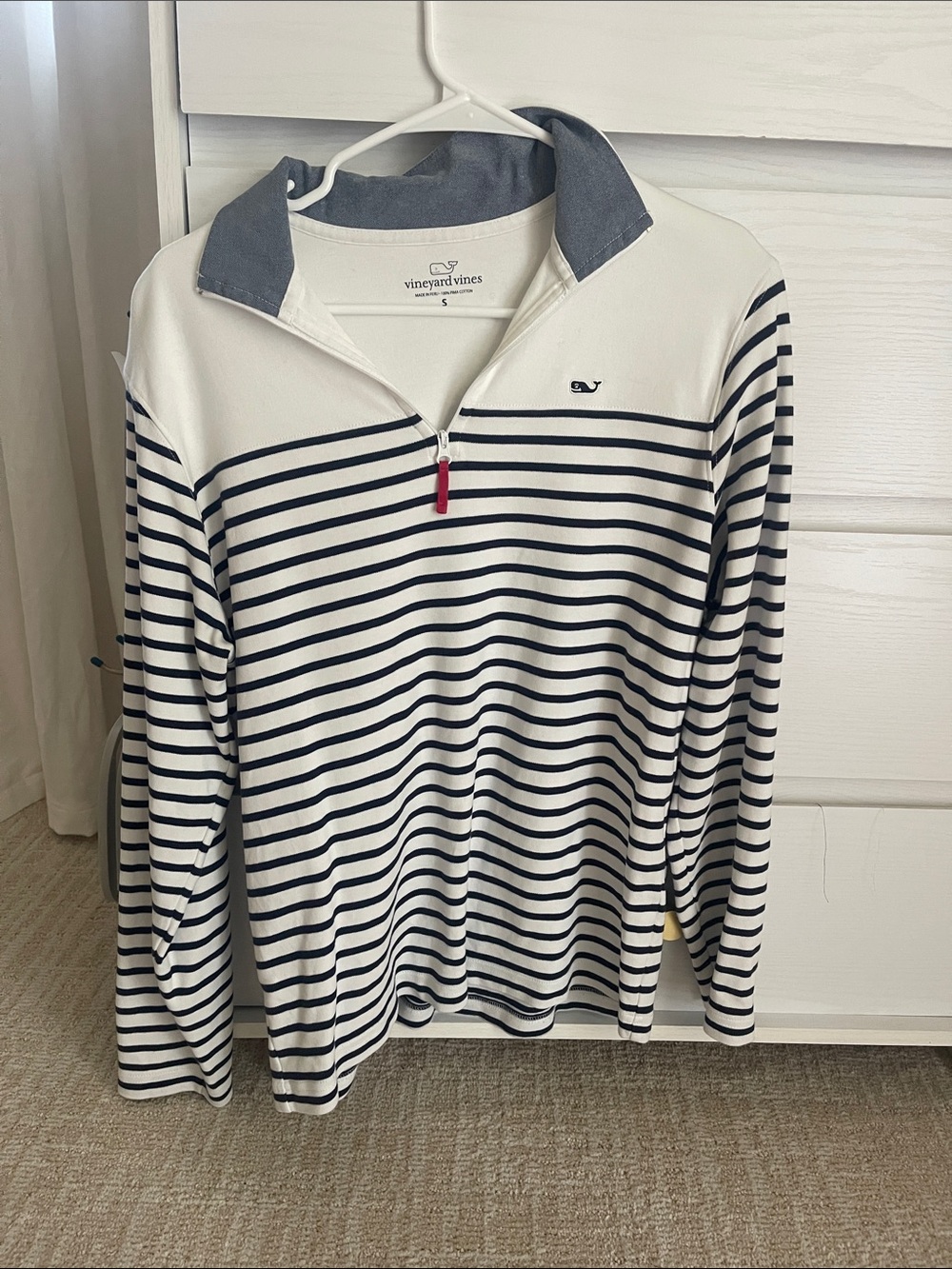Vineyard Vines White and Navy Striped Quarter-Zip Pullover